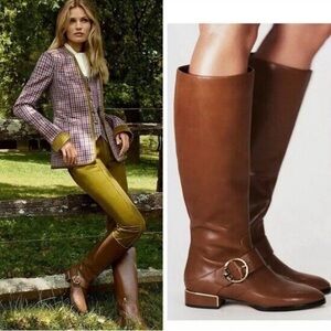 Tory Burch Sofia Camel Brown Emblem Riding Boots Size 8.5 Equestrian Classic